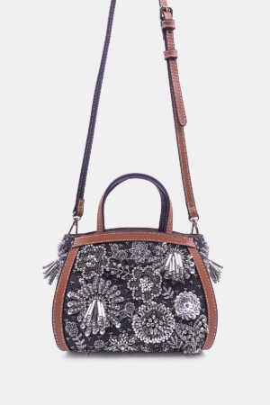 Handcrafted silver crossbody clutch with bead embellishment and tan leather trims