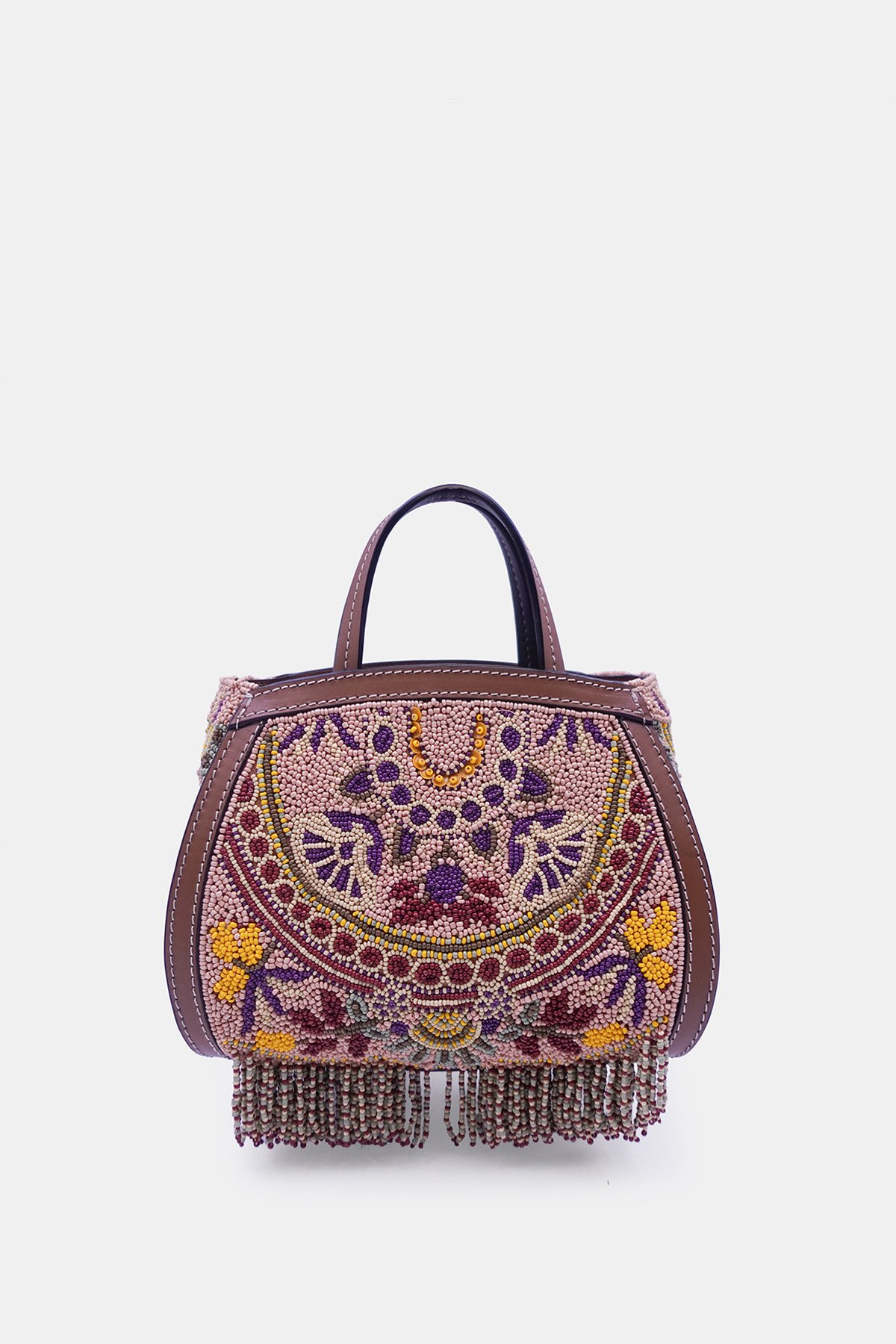 Peach hand-embroidered, bead-embellished mini tote bag with crossbody strap_versuhz (2)