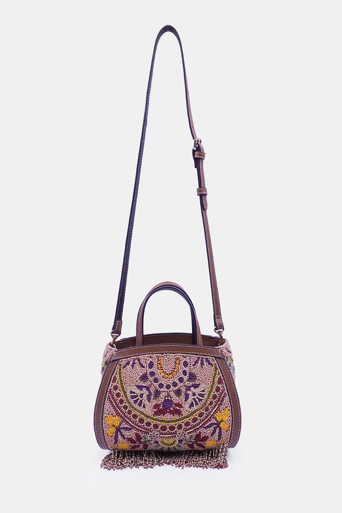 Peach hand-embroidered, bead-embellished mini tote bag with crossbody strap_versuhz (3)