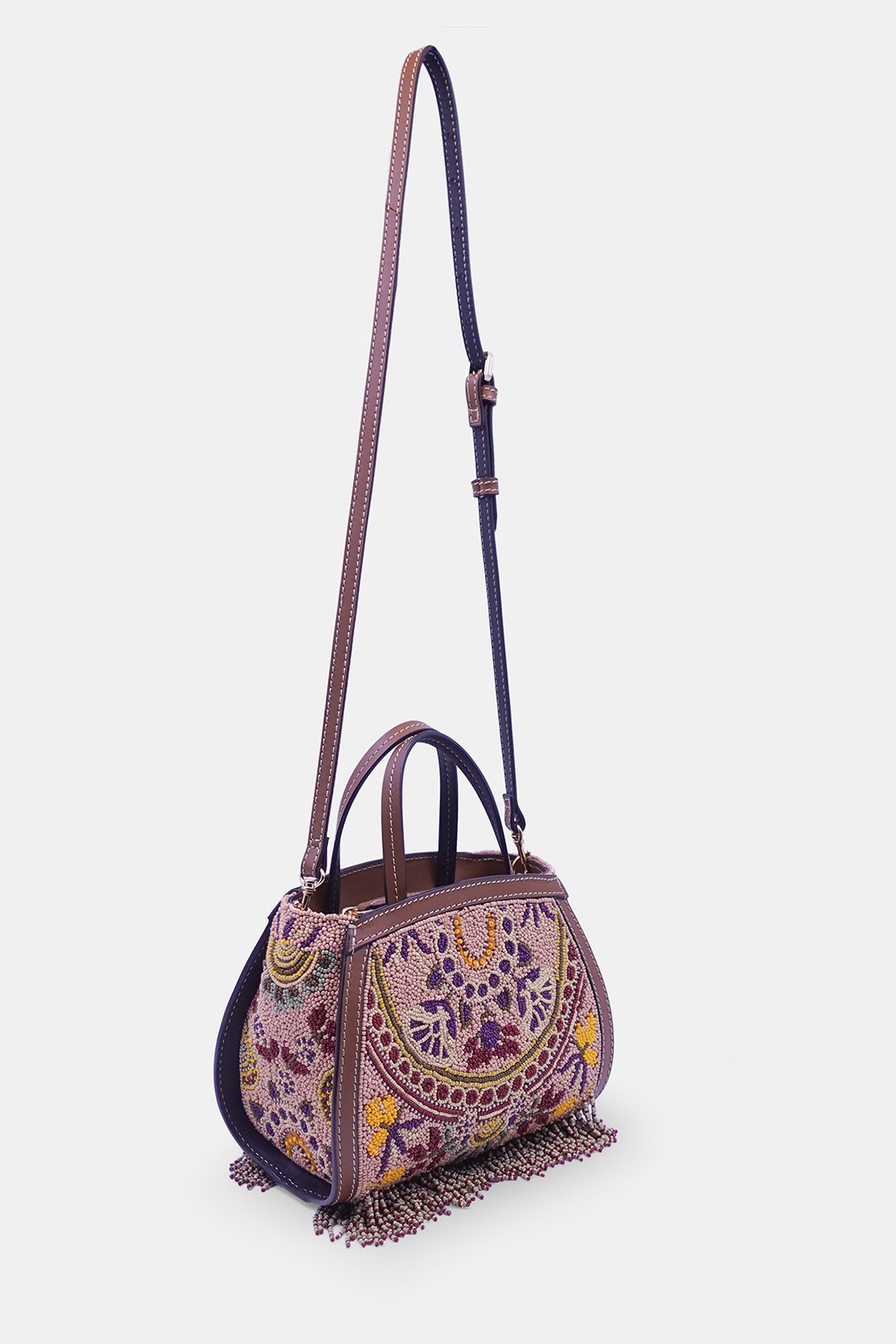 Peach hand-embroidered, bead-embellished mini tote bag with crossbody strap_versuhz (4)