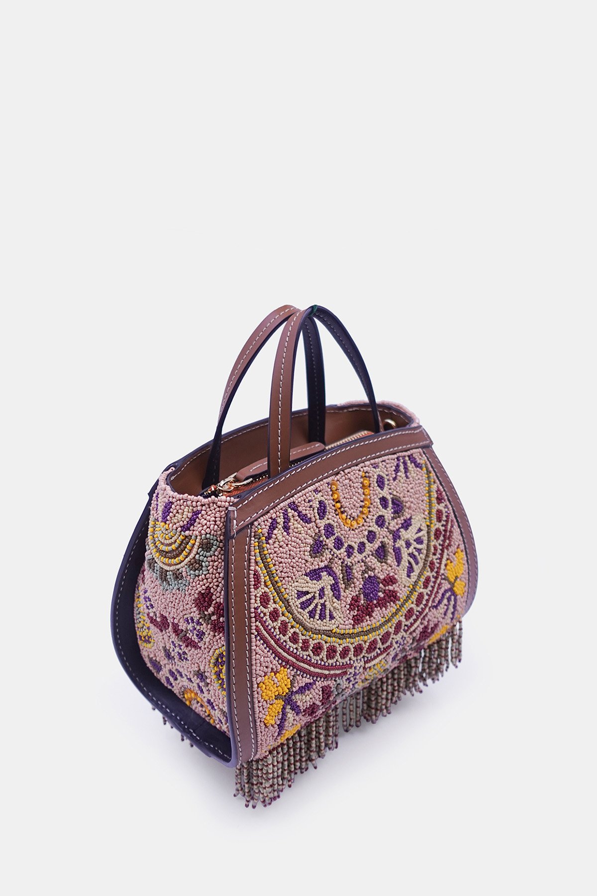 Peach hand-embroidered, bead-embellished mini tote bag with crossbody strap_versuhz (5)