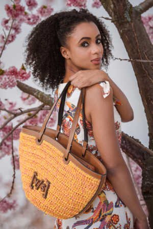 Leather-Trimmed Raffia Woven Basket Bag