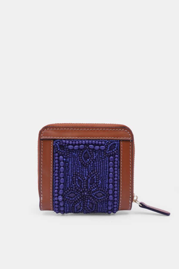 Leather Trimmed Blue Embellished Small Compact Zip Around Wallet