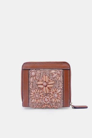 Leather-Trimmed-Peach-Embroidered-Small-Compact-Zip-Around-Wallet