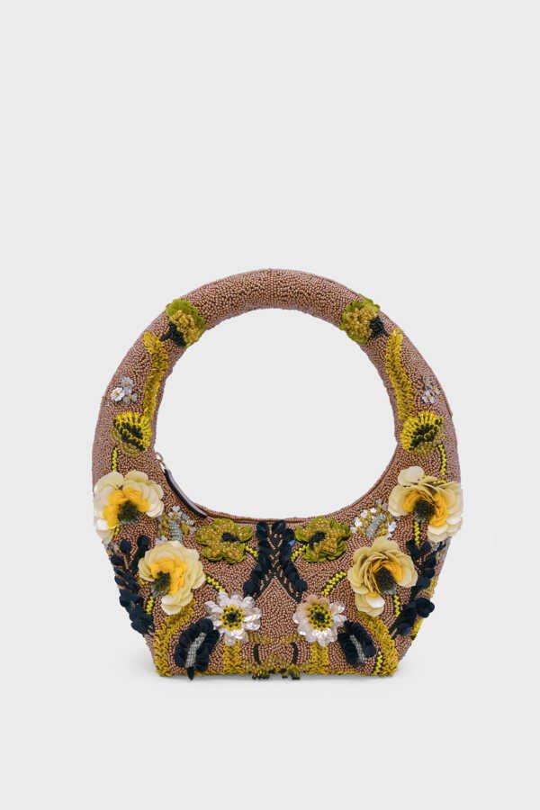 Close-up of hand-embroidered floral beadwork on Golden Meadow Bag
