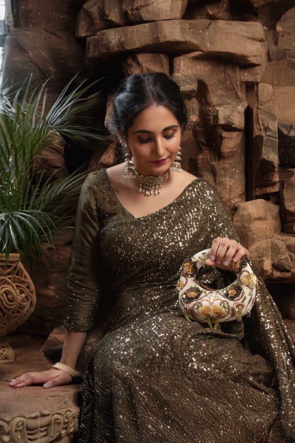 Golden Mirage Mini Beaded Bag with floral embroidery and tassels