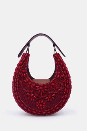 Maroon satin embellished crossbody bag with leather trim and detachable strap