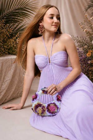 Amethyste Bloom Violet Pearl Mini Bag with handcrafted 3D floral embellishments, pearl detailing, lavender and violet bead embroidery, and a luxurious pearl-white finish.