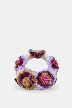 Amethyste Bloom Violet Pearl Mini Bag with handcrafted 3D floral embellishments, pearl detailing, lavender and violet bead embroidery, and a luxurious pearl-white finish.