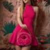 Fuchsia Aura Mini Beaded Bag with handcrafted fuchsia bead embroidery, translucent embellishments, sculptural silhouette, and luxury artisan finish.