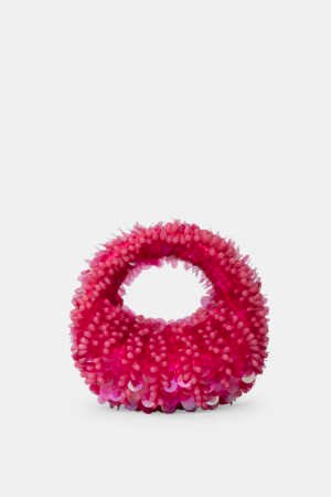 Fuchsia Aura Mini Beaded Bag with handcrafted fuchsia bead embroidery, translucent embellishments, sculptural silhouette, and luxury artisan finish.