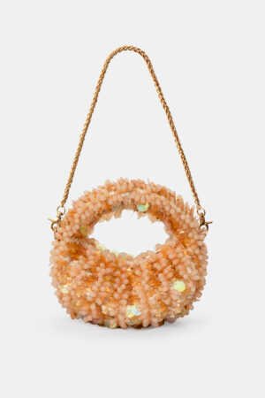 Nectar Bloom Mini Nude Beaded Bag with handcrafted nude bead embroidery, translucent embellishments, sculptural silhouette, and luxury artisan finish.