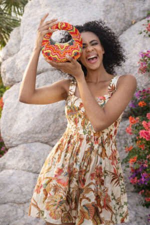 Handcrafted Rio Pop Mini Bag adorned with vibrant multicolored beadwork and a removable gold-finished chain, designed for weddings, parties, festive celebrations, and evening occasions.