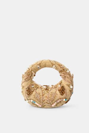 Aurelia Halo Mini Gold Embellished Bag with handcrafted gold bead embroidery, shimmering sequins, iridescent accents, and a sculptural halo inspired silhouette.