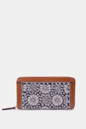 Tan Leather Trimmed Embellished Leather Zip Around Wallet