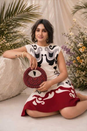 Rubi Royale Mini Embellished Bag with handcrafted ruby-red bead embroidery, crystal embellishments, sculptural top handle, and detachable gold chain.